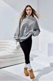 Simyon Styles Kadın Uzun Kollu Gri Melanj Oversize Casual Rahat Kesim Yarım Fermuar Sweatshirt