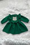 Dantel ve Fırfır Detaylı Koyu Yeşil Kız Çocuk Bebek Krep Elbise