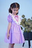 Dantel Detaylı Kare Yaka Lila Abiye Kız Çocuk Bebek Pamuk Saten Elbise