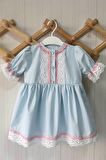 Dantel Detaylı Kısa Kol Bebe Mavi Pamuklu Kız Çocuk Bebek Elbise