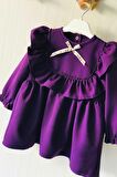 Fırfır Ve Kurdele Detaylı Mor Krep Kız Çocuk Bebek Elbise