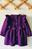 Fırfır Ve Kurdele Detaylı Mor Krep Kız Çocuk Bebek Elbise