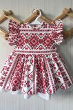 Fırfır Detaylı Etnik Desenli Poplin Kırmızı Beyaz Kız Çocuk Bebek Elbise