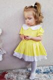 Dantel Detaylı Bebe Yaka Sarı Kız Çocuk Bebek Elbise