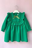 Fırfır Ve Kurdele Detaylı Tasarım Yeşil Kız Çocuk Bebek Elbise