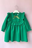 Fırfır Ve Kurdele Detaylı Tasarım Yeşil Kız Çocuk Bebek Elbise