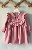 Fırfır ve Kurdele Detaylı Tasarım Krep Pudra Pembe Kız Çocuk Bebek Elbise