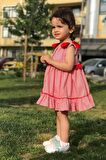 Fiyonk ve Fırfır Detaylı Özel Tasarım Kız Çocuk Bebek Kırmızı Çizgili Elbise