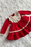 Dantel Ve Düğme Detaylı Özel Tasarım Kırmızı Abiye Kız Çocuk Bebek Elbise