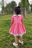 Dantel Detaylı Bebe Yaka Pembe Poplin Kız Çocuk Bebek Elbise