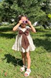 Fiyonk Detaylı Kare Yaka Çiçekli Kahverengi Kız Çocuk Bebek Elbise