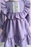 Dantel Detaylı Fırfırlı Lila Kız Çocuk Bebek Elbise