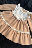 Dantel ve Düğme Detaylı Özel Tasarım Camel Kahve Abiye Kız Çocuk Bebek Elbise