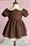 Dantel Detaylı Bebe Yaka Kahve Camel Vintage Kız Çocuk Bebek Bayram Elbise