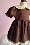 Dantel Detaylı Bebe Yaka Kahve Camel Vintage Kız Çocuk Bebek Bayram Elbise