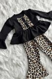 Siyah Leopar Kız Çocuk Bebek Alt Üst Takım
