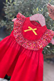 Çiçekli Fırfır ve Kurdele Detaylı Kırmızı Kız Çocuk Bebek Poplin Elbise