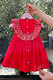 Çiçekli Fırfır ve Kurdele Detaylı Kırmızı Kız Çocuk Bebek Poplin Elbise