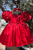 Saten Midi Kız Çocuk Bebek Kırmızı Balon Kol Abiye Elbise