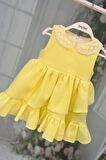 Dantel Yaka Şile Bezi Kız Çocuk Bebek Sarı Pamuklu Elbise