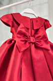 Kırmızı Mikado Bebe Yaka Kuş Kol Pamuk Astarlı Fiyonklu Abiye Elbise