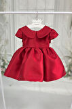 Kırmızı Mikado Bebe Yaka Kuş Kol Pamuk Astarlı Fiyonklu Abiye Elbise