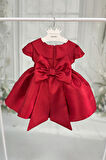 Kırmızı Mikado Bebe Yaka Kuş Kol Pamuk Astarlı Fiyonklu Abiye Elbise