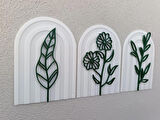 3lü Çiçek Desenli Set Tablo - Dekoratif Tablo (Beyaz - Yeşil)