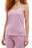 Altı Uzun Üstü Askılı Yumuşak Ekoseli Pijama Takımı Pembe