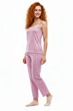 Altı Uzun Üstü Askılı Yumuşak Ekoseli Pijama Takımı Pembe