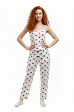Altı Uzun Üstü Askılı Yumuşak Kırmızı Kalp Desenli Pijama Takımı Beyaz