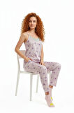 Altı Uzun Üstü Askılı Yumuşak Kalp Desenli Pijama Takımı Pembe