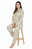 Luxury Soft Ekru Çizgi Desenli Uzun Kollu Kadın Pijama Takımı – Büyük Beden 3015