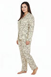 Luxury Soft Ekru Çizgi Desenli Uzun Kollu Kadın Pijama Takımı – Büyük Beden 3015
