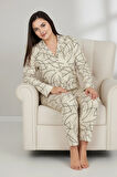 Luxury Soft Ekru Çizgi Desenli Uzun Kollu Kadın Pijama Takımı – Büyük Beden 3015