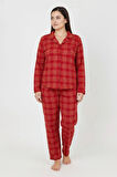 Luxury Soft Kırmızı Ekose Desenli Uzun Kollu Kadın Pijama Takımı – Büyük Beden 3018