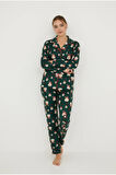 Luxury Soft Yeşil Noel Baba Desenli Uzun Kollu Kadın Pijama Takımı – 3023