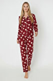Luxury Soft Bordo Yılbaşı Desenli Uzun Kollu Kadın Pijama Takımı – 3026