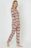 Luxury Soft Ekru Desenli Uzun Kollu Kadın Pijama Takımı – 3028
