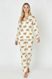 Luxury Soft Ekru Ayıcık Desenli Uzun Kollu Kadın Pijama Takımı – 3041