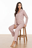 Luxury Soft Pudra Kareli Uzun Kollu Kadın Pijama Takımı – 3049