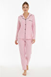 Luxury Soft Pembe Çizgili Uzun Kollu Kadın Pijama Takımı – 3052