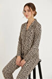 Luxury Soft Bej Leopar Desenli Uzun Kollu Kadın Pijama Takımı – 3062