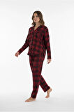 Luxury Soft Kırmızı Ekose Desenli Uzun Kollu Kadın Pijama Takımı – 3063