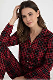 Luxury Soft Kırmızı Ekose Desenli Uzun Kollu Kadın Pijama Takımı – 3063