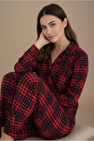 Luxury Soft Kırmızı Ekose Desenli Uzun Kollu Kadın Pijama Takımı – 3063