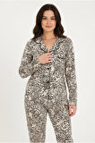 Luxury Viscose Siyah Beyaz Leopar Desenli Kadın Uzun Kollu Pijama Takımı – 42570