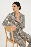 Luxury Viscose Siyah Beyaz Leopar Desenli Kadın Uzun Kollu Pijama Takımı – 42570