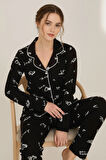 Luxury Viscose Siyah Love ve Kalp Desenli Kadın Uzun Kollu Pijama Takımı – 42572