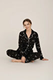 Luxury Viscose Siyah Love ve Kalp Desenli Kadın Uzun Kollu Pijama Takımı – 42572